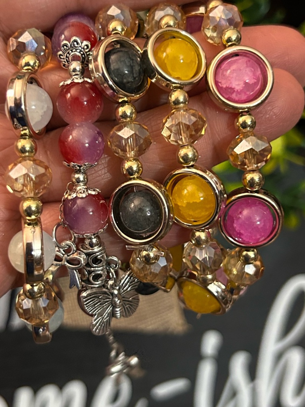 Multi-Color Beaded Stone Stackable Bracelets with Butterfly Charm